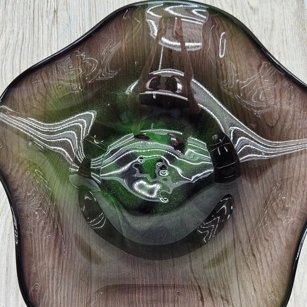 Ward 2004 Signed Studio Art Glass Wavy Bowl Smoky Purple Emerald Green
